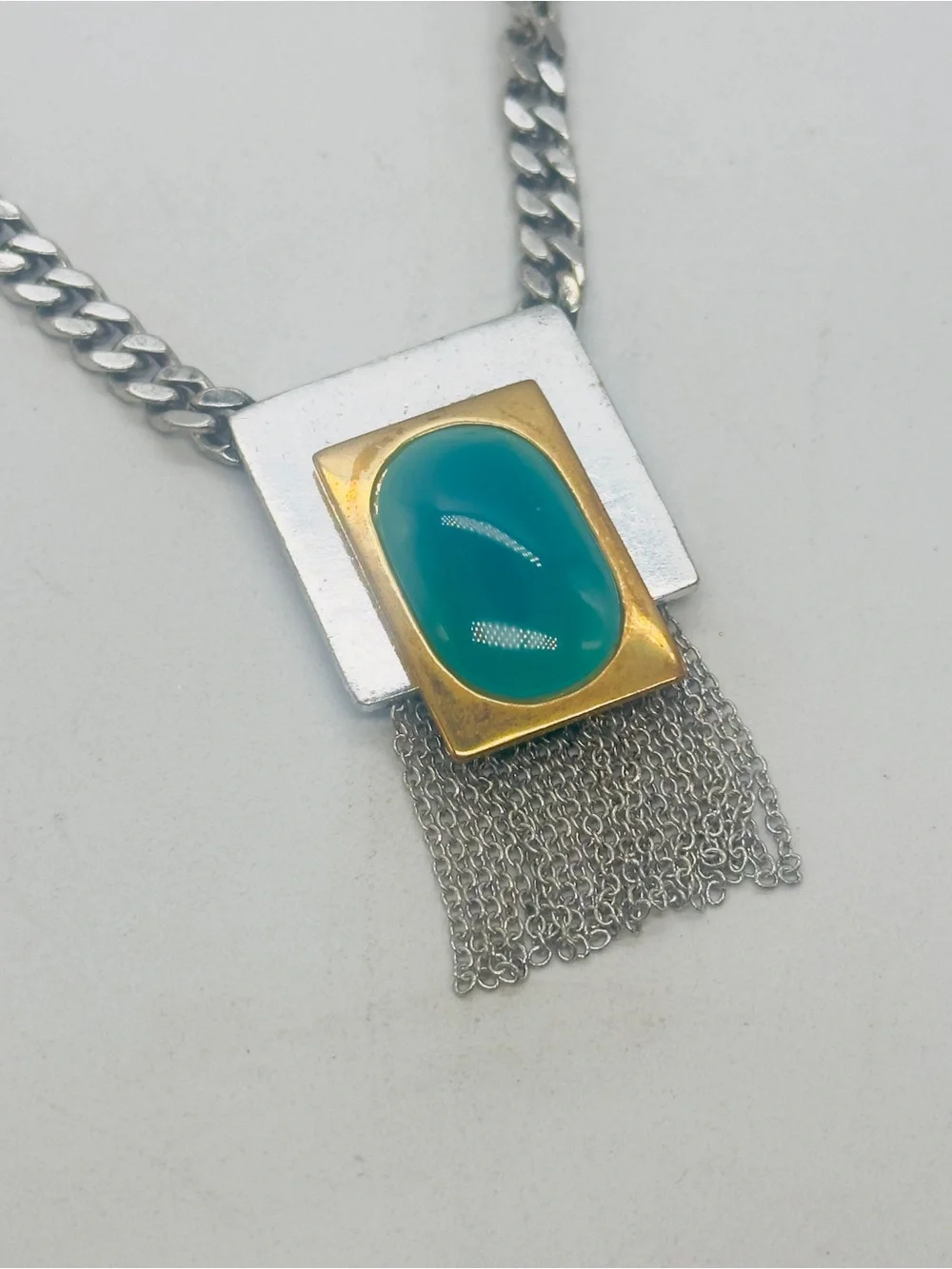 Jewelmint Lunar Blue Necklace Silver Tone Link Chain Turquoise Brass Fringe